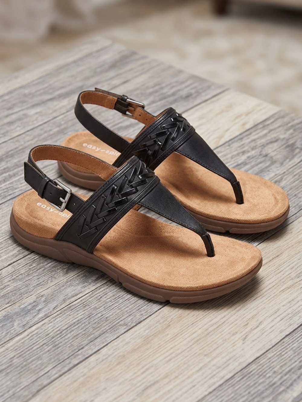 Easy Spirit Black Braided Thong Sandals with Tan Footbed